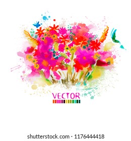 Abstract watercolor bouquet with flowers