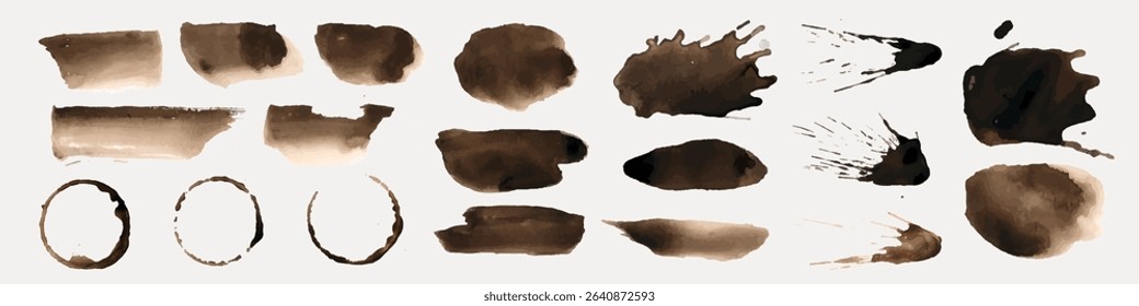 Abstract watercolor brush strokes in brown tones. Various shapes and textures. Artistic watercolor brush strokes for creative designs. Brown watercolor strokes. Element vector set.