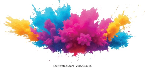 Abstract Watercolor Brush Strokes, Stains, and Colorful Splashes Forming a Stunning, Explosive Visual Experience, Combining Artistic Expression with a Clean, White Canvas Backdrop.

