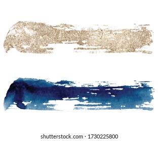 Abstract watercolor classic blue and golden brush strokes on white background. Color splashing hand drawn vector painting