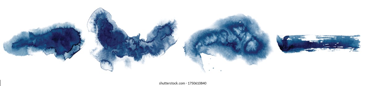 Abstract watercolor classic blue shapes on white background. Color splashing hand drawn vector painting