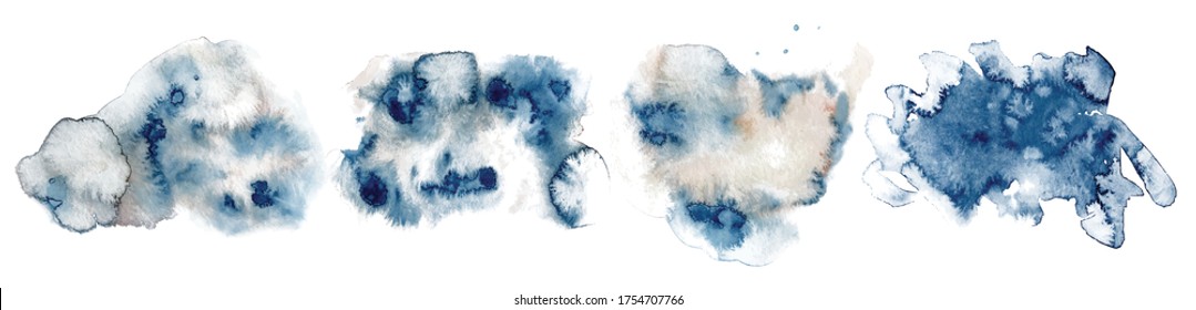 Abstract watercolor classic blue shapes on white background. Color splashing hand drawn vector painting