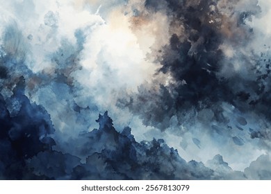 Abstract watercolor clouds, dark stormy sky, soft blue tones, artistic background, atmospheric texture, nature-inspired design.