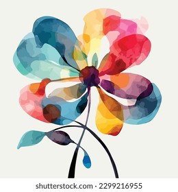 abstract watercolor colorful flower, white background, flat colors, vector illustration, digital art