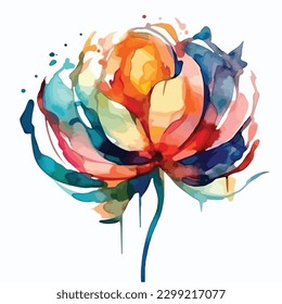 abstract watercolor colorful flower, white background, flat colors, vector illustration, digital art