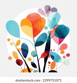 abstract watercolor colorful flower, white background, flat colors, vector illustration, digital art