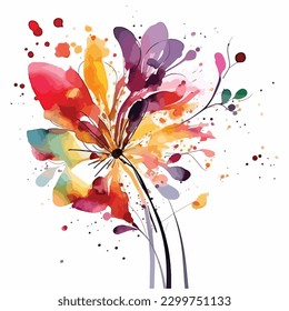 abstract watercolor colorful flower, white background, flat colors, vector illustration, digital art