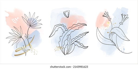Abstract Watercolor Composition Background. Set of soft color painting wall art for house decoration or invitations. Minimalistic background design. Vector wall art plants in minimalist style.