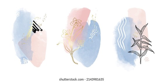 Abstract Watercolor Composition Background. Set of soft color painting wall art for house decoration or invitations. Minimalistic background design. Vector wall art plants in minimalist style.