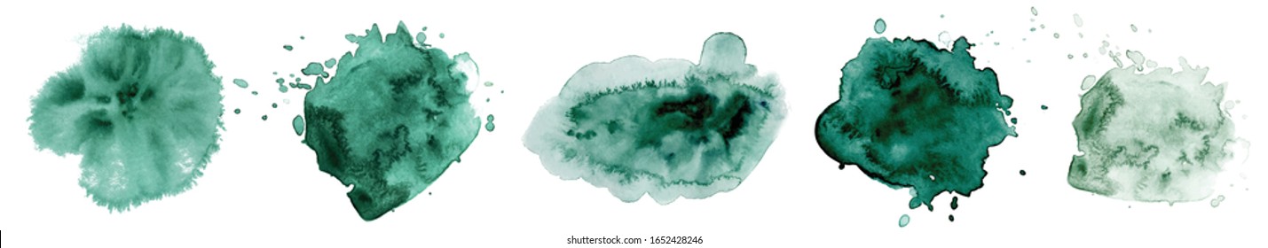 Abstract watercolor dark green shapes on white background. Color splashing hand drawn vector painting