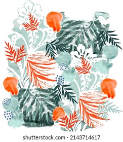 abstract watercolor decoration with leaves, dots and tropical elements. Hand drawing floral design for textiles and decoration