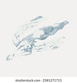 Abstract watercolor of a diving figure, blending soft blues and whites. Fluid motion and ethereal form create a sense of serenity and grace in the artwork. Vintage angel illustration isolated, vector.