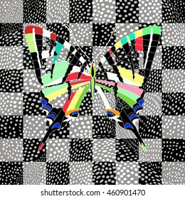 Abstract watercolor draw colorful butterflies, pattern in square, background of polka dots (white, black), design logo vector fashion print, color seamless, texture checkers  