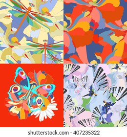 Abstract watercolor draw  floral background, butterflies and dragonflies, seamless  fashion design flower pattern, , trendy stylish texture spring summer, color tropical vector prints set