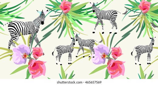 Abstract watercolor draw of  funny zebra striped black and white on a 
floral background with orchids and green leaves, fashion design, animal  seamless pattern, color tropical vector prints 