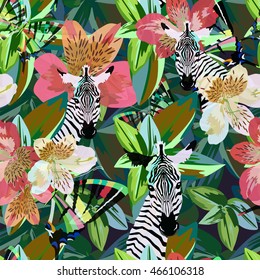 Abstract watercolor draw of funny zebra striped black  white on floral background (red white), colorful butterfly, green leaves, fashion design, animal seamless pattern, color tropical vector prints 