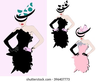 Abstract watercolor draw girl (model) in a black dress and pink gloves, striped hat with green bow polka dot. Isolated on white, beauty fashion logo, women shop, logotype, label, emblem. Vector set