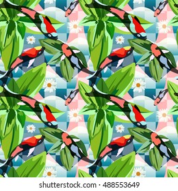 Abstract watercolor draw koi fish, vector Geometric background square, heart, flowers, leaves,  animal seamless pattern with fashion print
