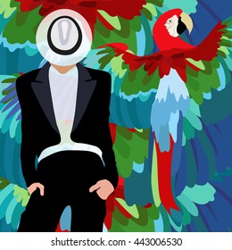 Abstract watercolor draw Man  black trouser suit  white hat and ribbon  shirt   background pattern tropical forest  parrot  Color vector print  Fashion Show Cruise  Viva Cuba