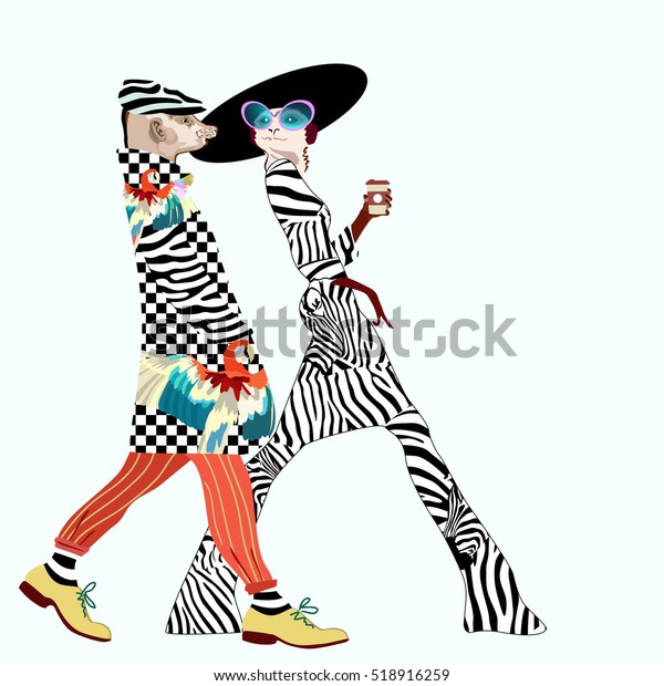 抽象的な水彩絵2通の奇妙なスリケート 女性男性 コート縞模様 帽子 コーヒー ファッションベクターカラープリントデザイン クールなスタイルの秋の春 2匹の動物 ストリートスタイル 買い物 のベクター画像素材 ロイヤリティフリー