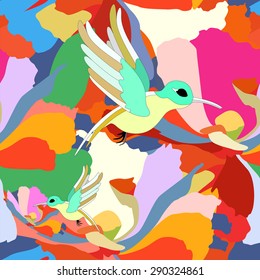  Abstract watercolor draw  two hummingbirds,  tropical floral background (the color pink green blue yellow  lilac red white ), vector fashion print design, trendy fabric texture, seamless pattern