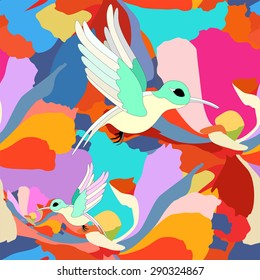  Abstract watercolor draw two hummingbirds, tropical floral background ( color pink green blue yellow  lilac red white ), vector fashion print design, fabric texture, animal seamless pattern, birds