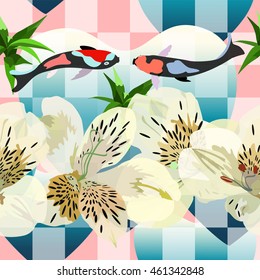 Abstract watercolor draw  two koi fish, vector Geometric background square (tartan plaid), heart, flowers, leaves, seamless pattern, fashion design animal, color tropical prints love, Valentine card
