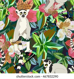 
Abstract watercolor draw two lemur striped white black, background tropical forest, green leaves flowers, color vector fashion print design, fabric texture, animal seamless pattern