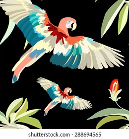 Abstract watercolor draw of two parrots (yellow turquoise), tropical forest with green leaves flowers color red, black background, vector fashion print design, trendy fabric texture, seamless pattern