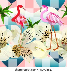Abstract watercolor draw of two pink red flamingos, vector background  square, heart, white flowers, green leaves, seamless pattern, fashion design  animal, color tropical  prints love, Valentine card