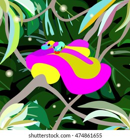  Abstract watercolor draw two snakes python, fireflies, love, branch, background (pink green yellow  black ), fashion design, fabric texture,animal seamless pattern, color tropical vector prints