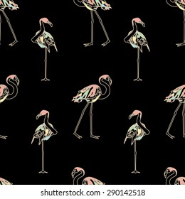 Abstract watercolor 
drawing flamingos (the color red, yellow, green, pink) on a black background, vector fashion print design, trendy fabric texture, seamless pattern