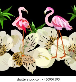 Abstract watercolor drawing of two pink red  flamingos, vector black  background with white flowers, green leaves,  seamless pattern band ribbon, fashion design  animal,  color tropical  prints love