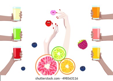 Abstract watercolor drawing of two women's hands and lips, vector illustration set of fresh natural juices in glasses, fruit and citrus menu pattern, color, design, white background