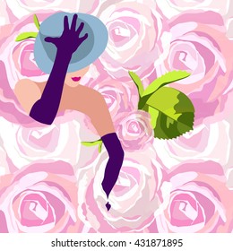 Abstract watercolor drawing of a woman in floral pattern dress, blue hat, purple glove vector background of pink roses, spring summer fashion, design print, stylish trendy fabric texture,  Bride