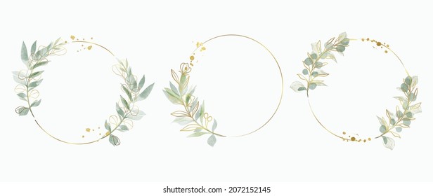 Abstract watercolor floral frame background vector.  Watercolor invitation design with leaves, flower , gold geometric frame and watercolor brush strokes. Vector illustration.
