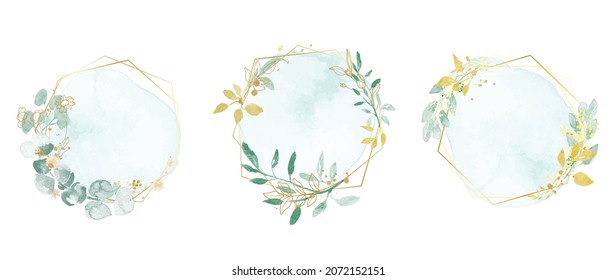 Abstract watercolor floral frame background vector.  Watercolor invitation design with leaves, flower , gold geometric frame and watercolor brush strokes. Vector illustration.
