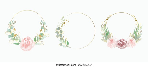 Resumen de la acuarela del vector de fondo del marco floral.  Diseño de invitación acuarela con hojas, flor, marco geométrico dorado y pinceladas de brotes de acuarela. Ilustración vectorial.
