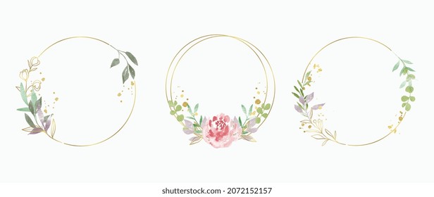 Abstract watercolor floral frame background vector.  Watercolor invitation design with leaves, flower , gold geometric frame and watercolor brush strokes. Vector illustration.
