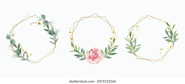 Resumen de la acuarela del vector de fondo del marco floral.  Diseño de invitación acuarela con hojas, flor, marco geométrico dorado y pinceladas de brotes de acuarela. Ilustración vectorial.
