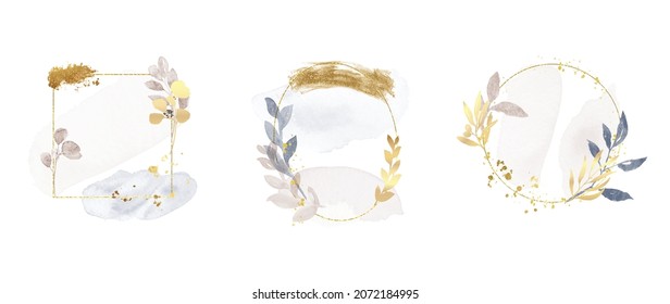 Abstract Watercolor Floral Frame Background Vector.  Watercolor Invitation Design With Leaves, Flower , Gold Geometric Frame And Watercolor Brush Strokes. Vector Illustration.