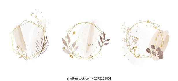 Abstract watercolor floral frame background vector.  Watercolor invitation design with leaves, flower , gold geometric frame and watercolor brush strokes. Vector illustration.