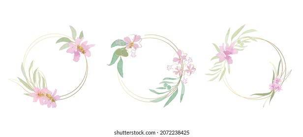 Abstract watercolor floral frame background vector.  Watercolor invitation design with leaves, flower , gold geometric frame and watercolor brush strokes. Vector illustration.
