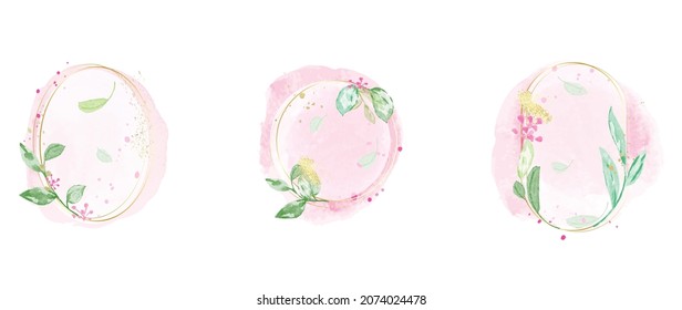 Abstract watercolor floral frame background vector.  Watercolor invitation design with leaves, flower , gold geometric frame and watercolor brush strokes. Vector illustration.