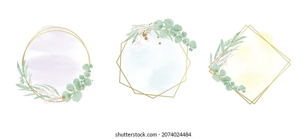 Abstract watercolor floral frame background vector.  Watercolor invitation design with leaves, flower , gold geometric frame and watercolor brush strokes. Vector illustration.