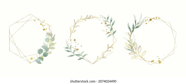 Abstract watercolor floral frame background vector.  Watercolor invitation design with leaves, flower , gold geometric frame and watercolor brush strokes. Vector illustration.