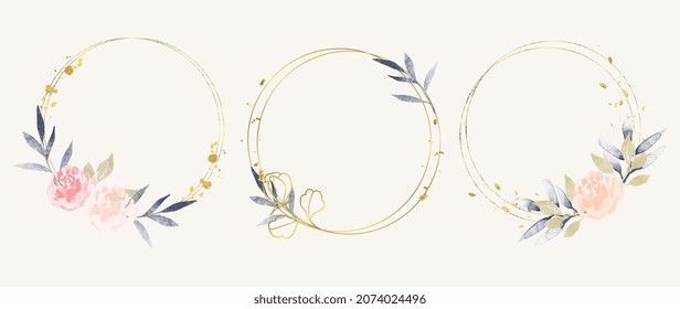 Resumen de la acuarela del vector de fondo del marco floral.  Diseño de invitación acuarela con hojas, flor, marco geométrico dorado y pinceladas de brotes de acuarela. Ilustración vectorial.