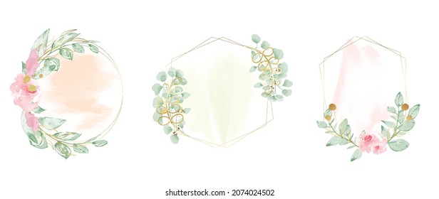 Abstract watercolor floral frame background vector.  Watercolor invitation design with leaves, flower , gold geometric frame and watercolor brush strokes. Vector illustration.