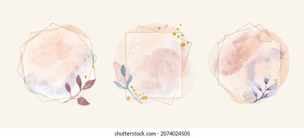 Abstract watercolor floral frame background vector.  Watercolor invitation design with leaves, flower , gold geometric frame and watercolor brush strokes. Vector illustration.