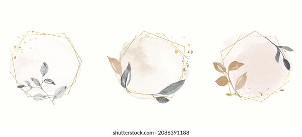 Abstract watercolor floral frame background vector.  Watercolor invitation design with leaves, flower , gold geometric frame and watercolor brush strokes. Vector illustration.